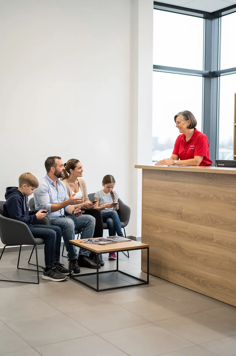 Ansicht eines Prüfstandorts mit Fahrzeugen und spezialisierten Inspektionsgeräten