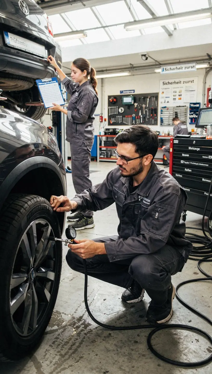 Techniker überprüft Motor und Bremsen eines Fahrzeugs vor dem Kauf